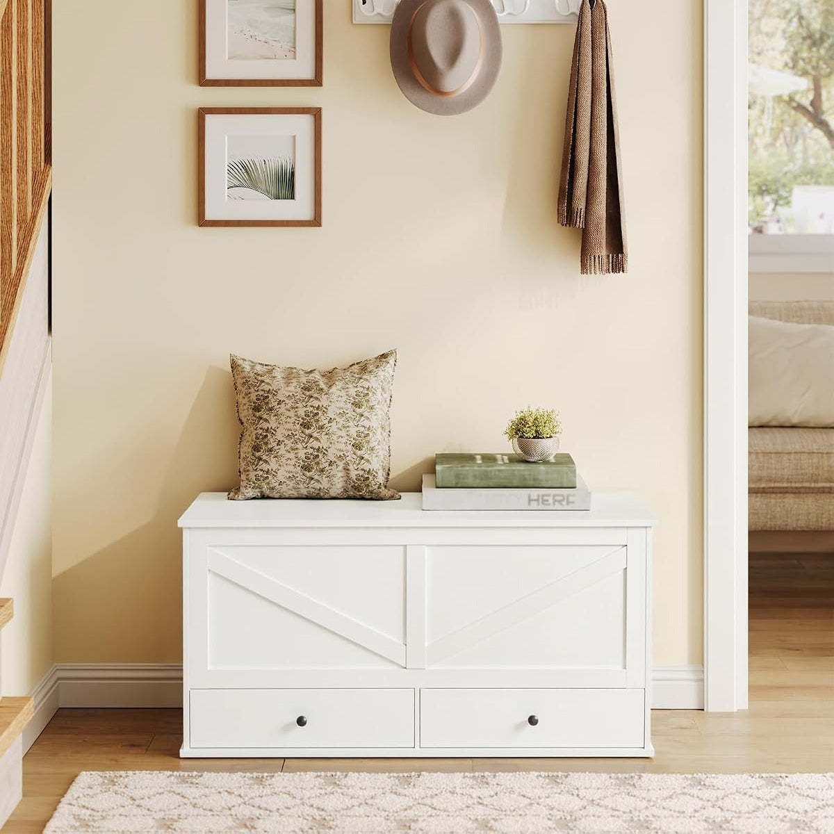 White Drawer Farmhouse Storage Bench