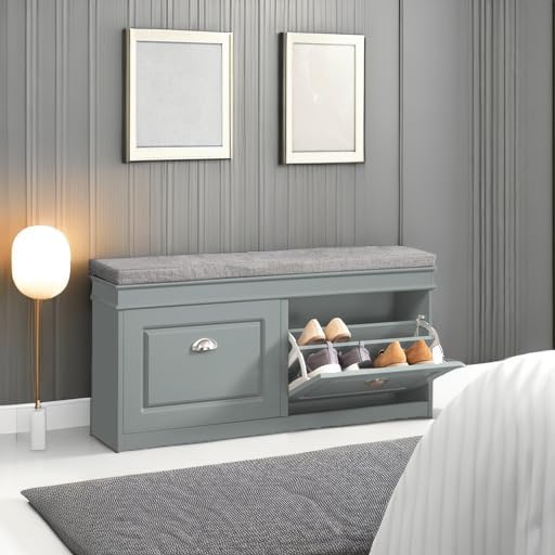 Grey Flip Drawer Padded Shoe Bench
