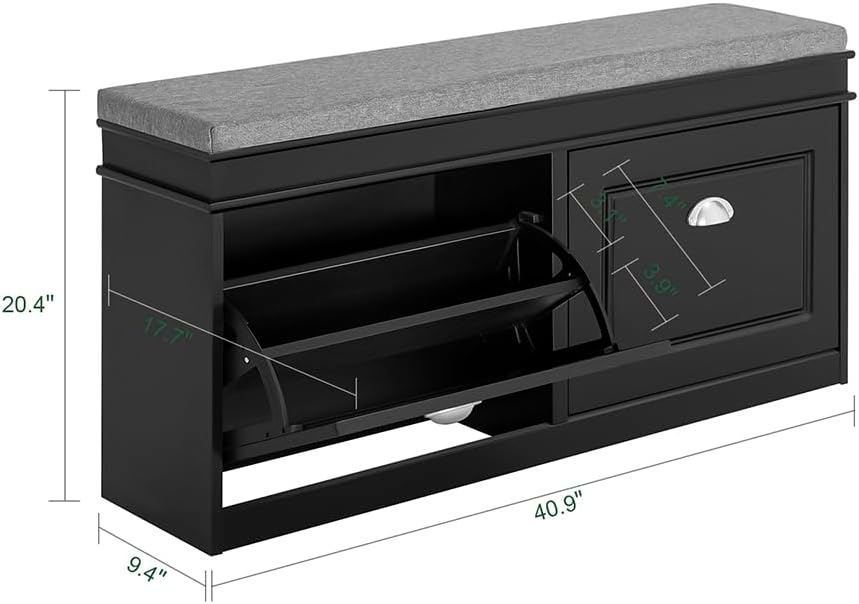 Black Flip Drawer Cushioned Shoe Bench
