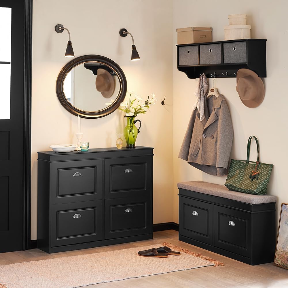 Black Flip Drawer Cushioned Shoe Bench