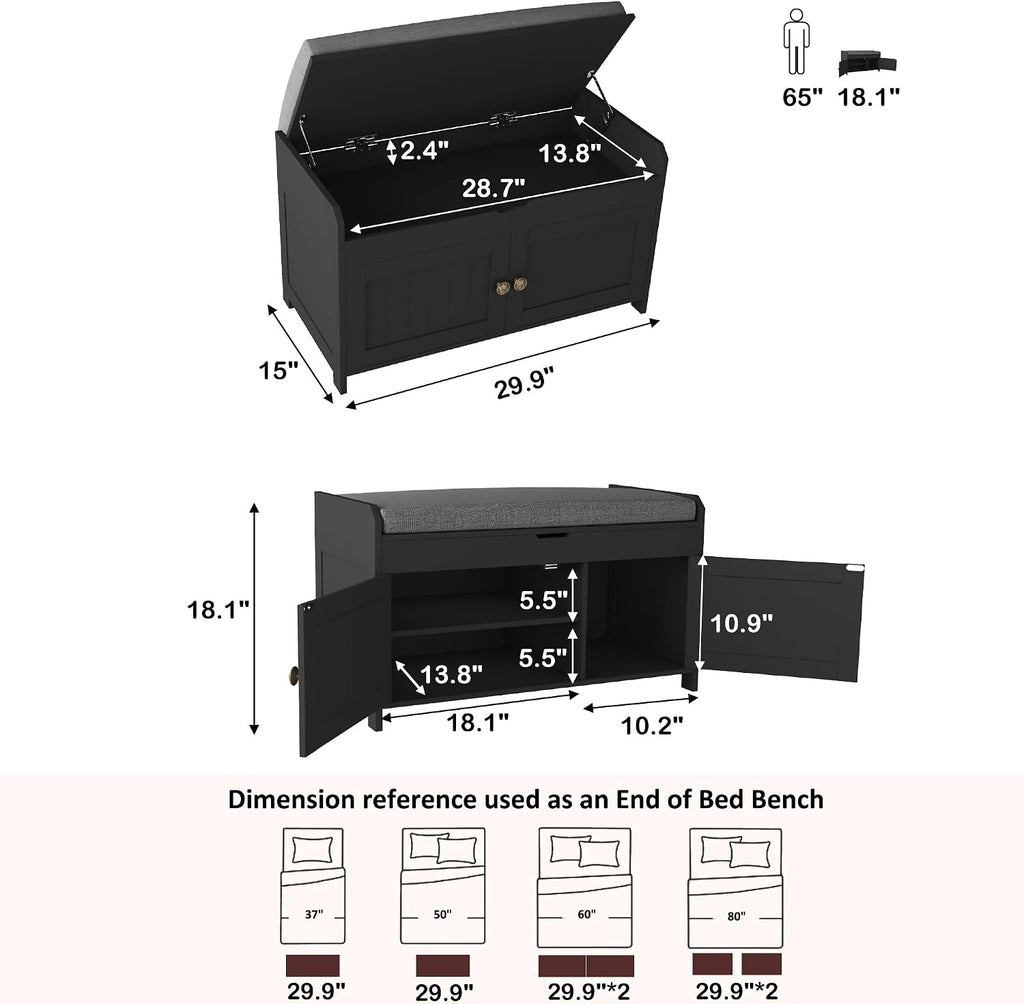 Black Lift Top Cushioned Shoe Bench