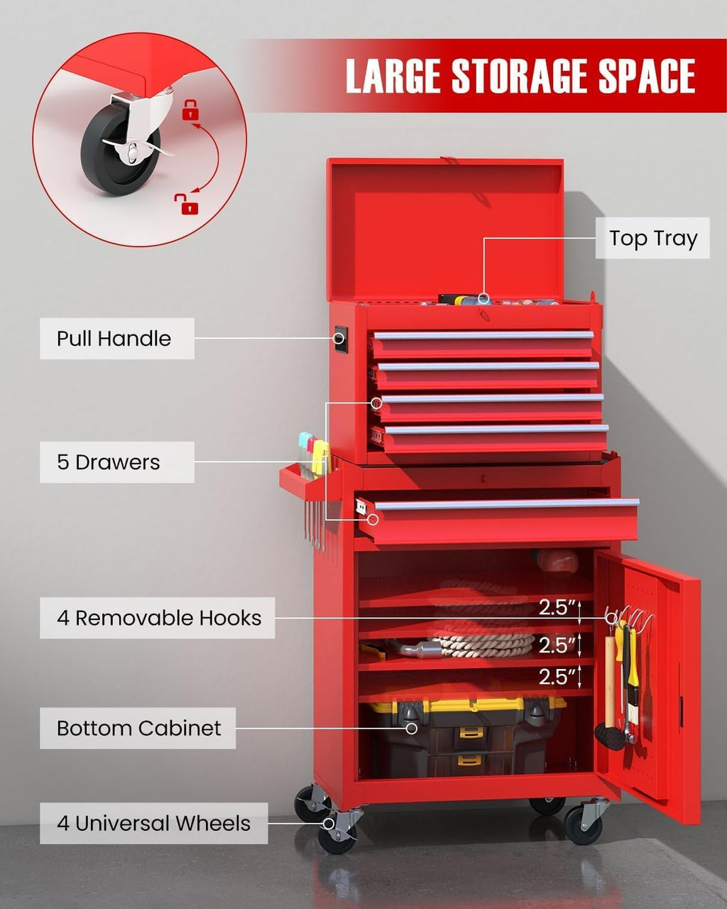 Red 5-Drawer 2-in-1 Rolling Tool Chest