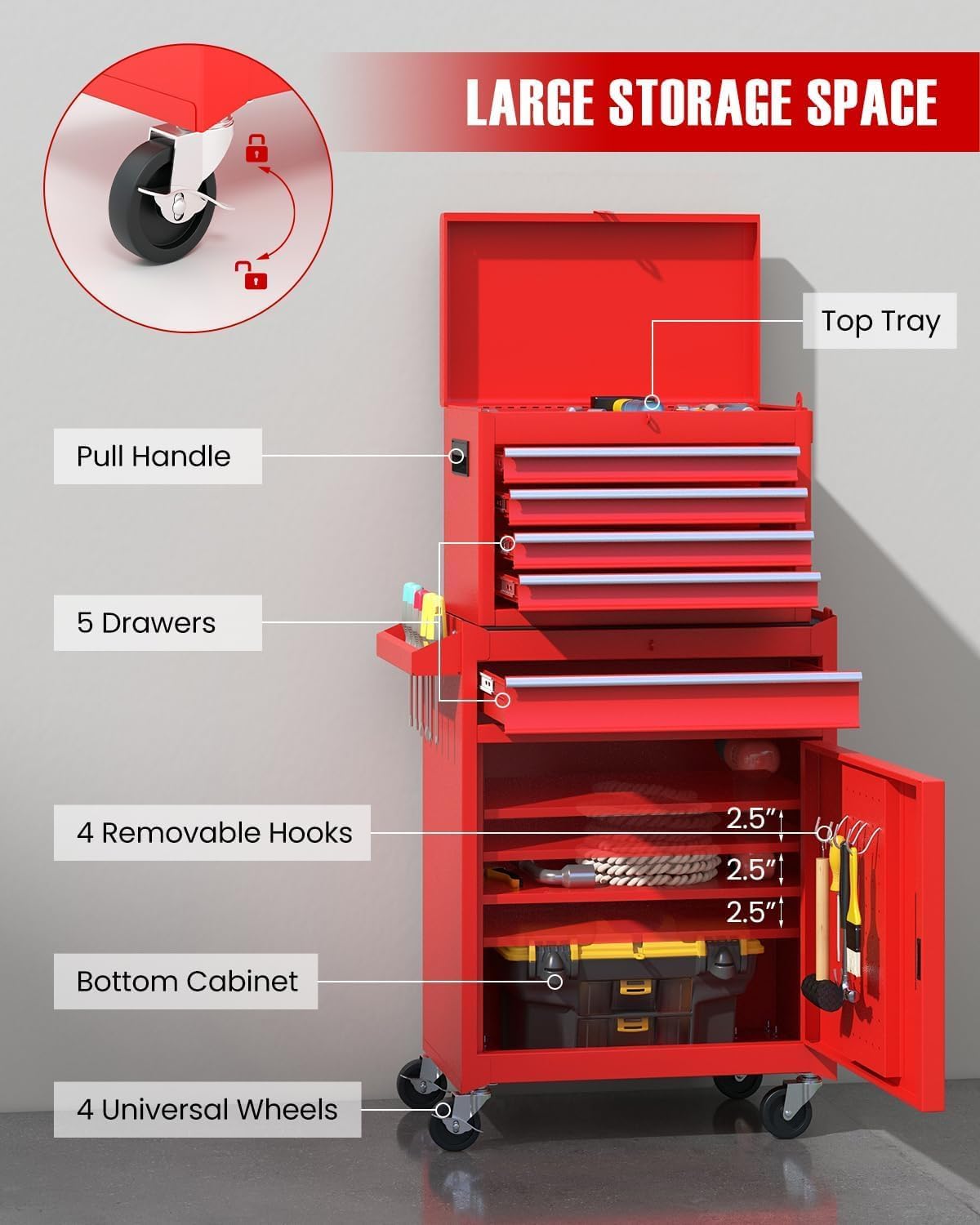 Red 5-Drawer 2-in-1 Rolling Tool Chest