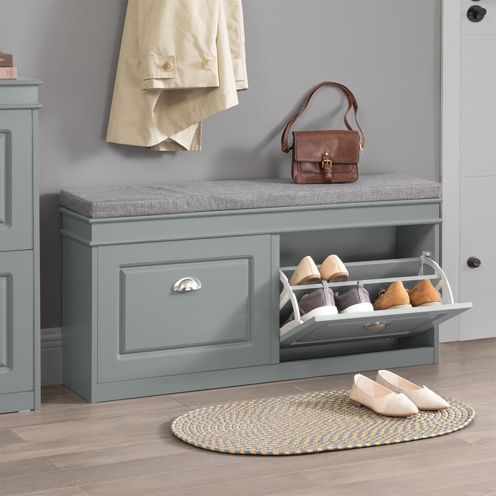 Grey Flip Drawer Padded Shoe Bench