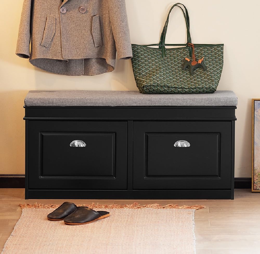 Black Flip Drawer Cushioned Shoe Bench