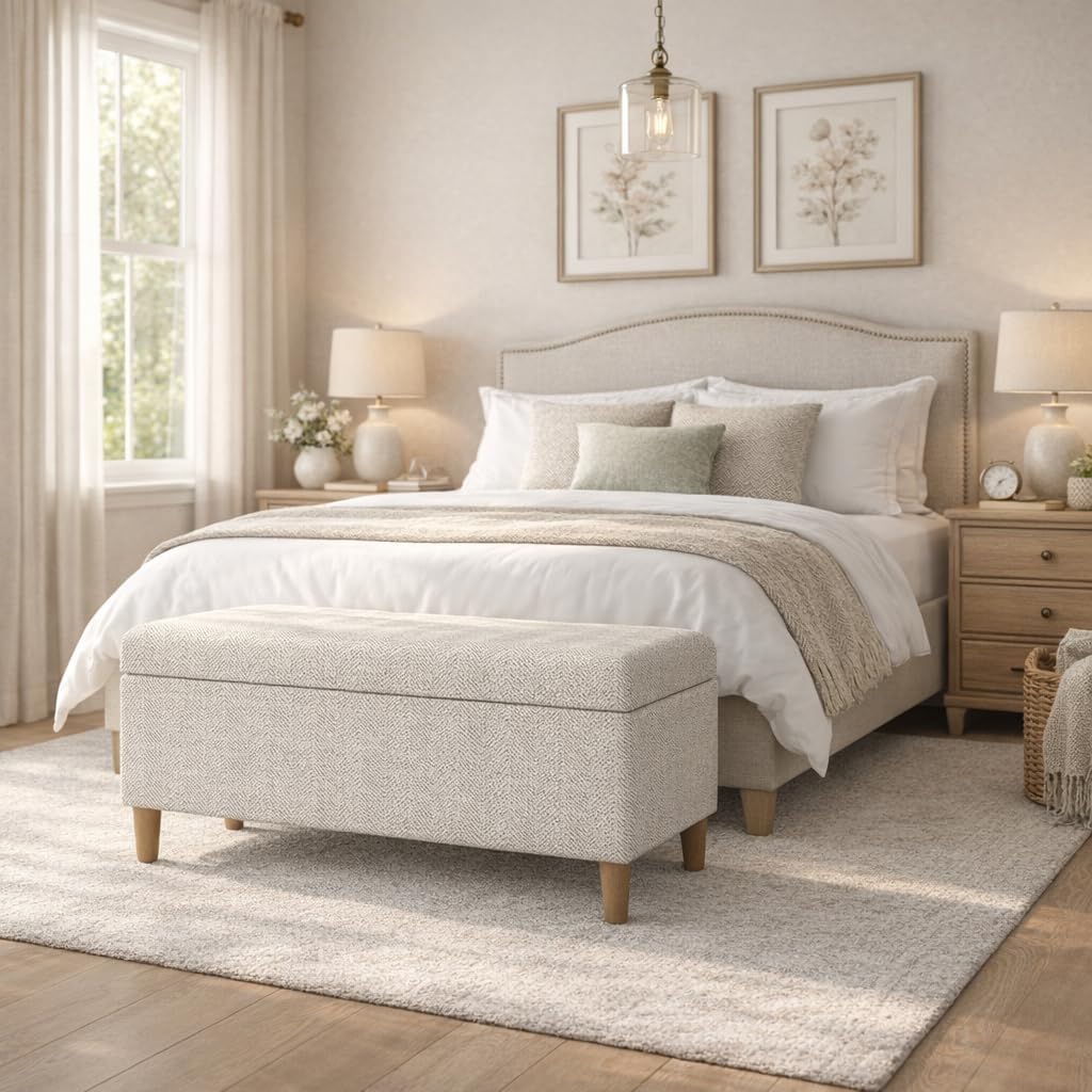 Cream Chevron Woven Storage Bench