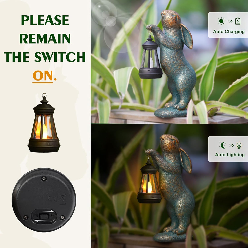 Solar Lantern Rabbit Resin Garden Statue