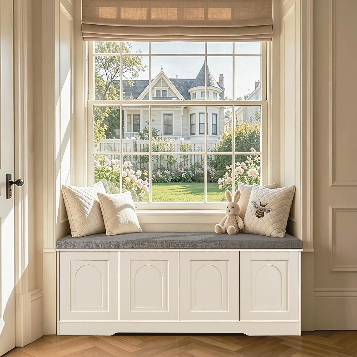 White Cubby Cushioned Shoe Bench