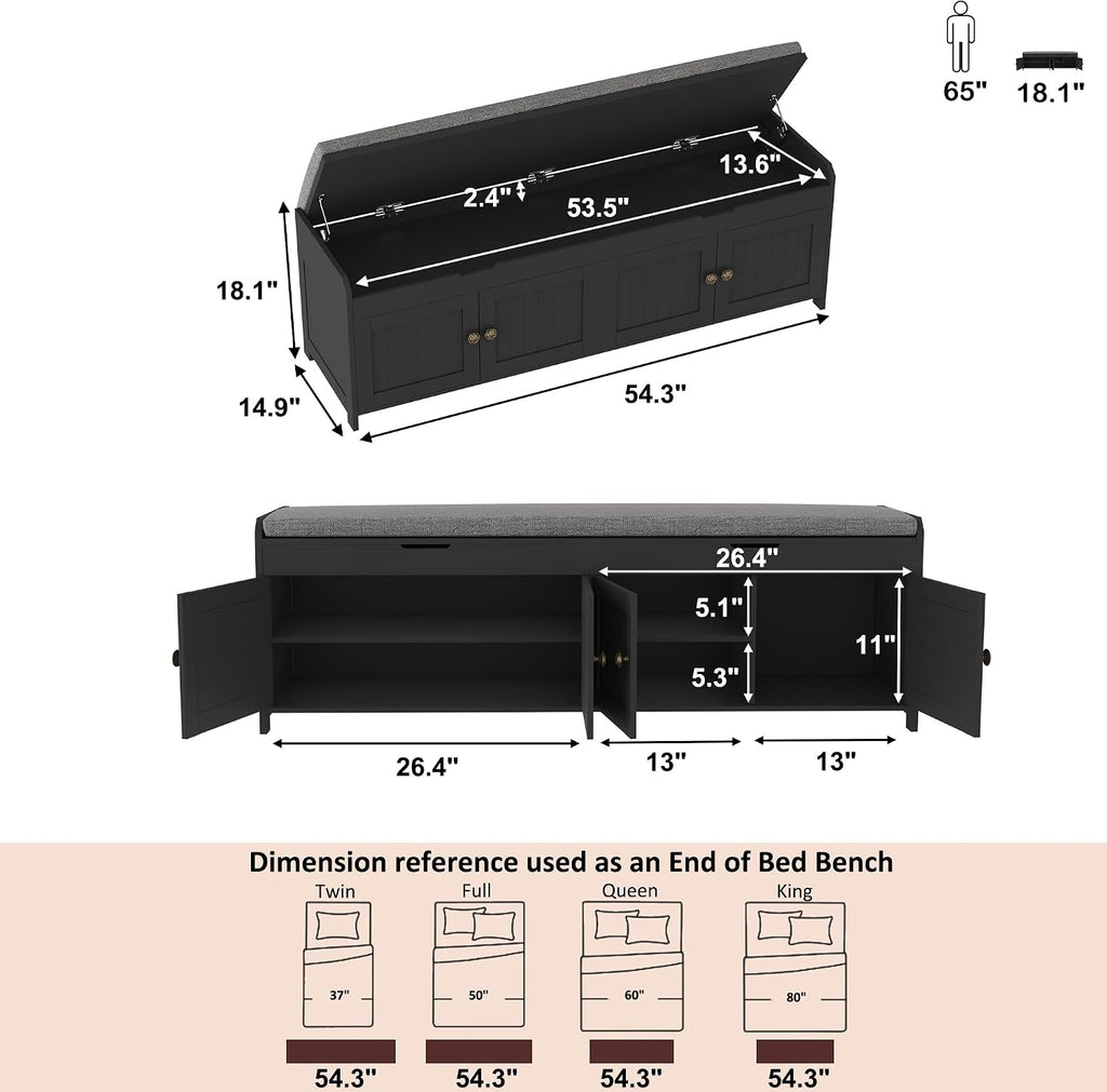 54.4" Black Lift Cushioned Shoe Bench