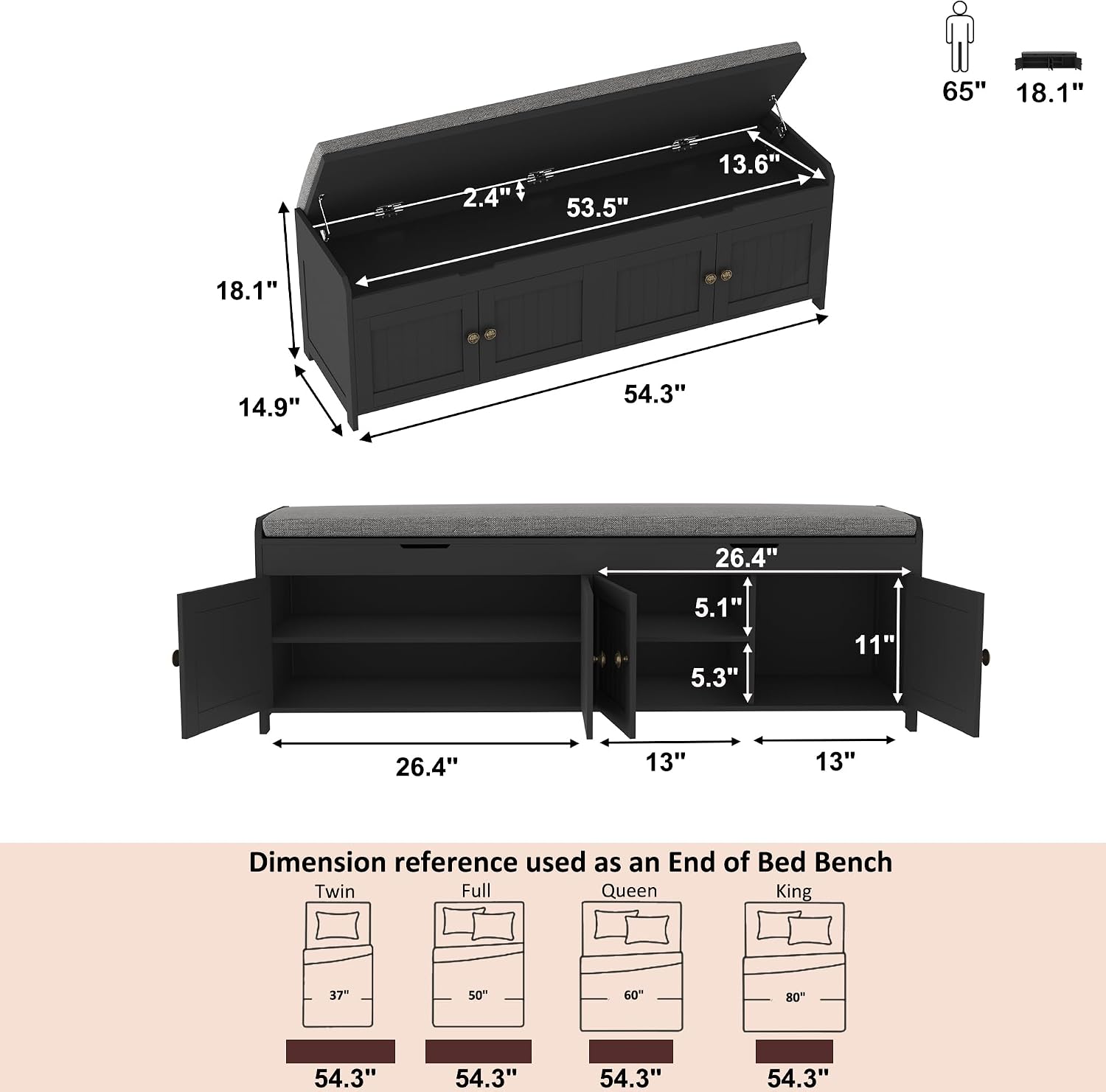 54.4" Black Lift Cushioned Shoe Bench