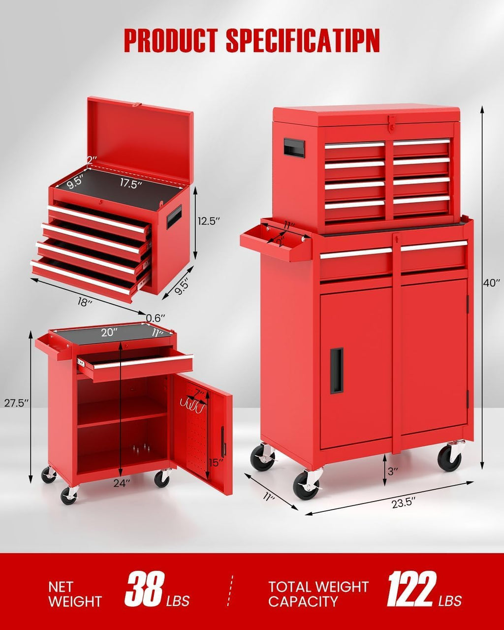Red 5-Drawer 2-in-1 Rolling Tool Chest