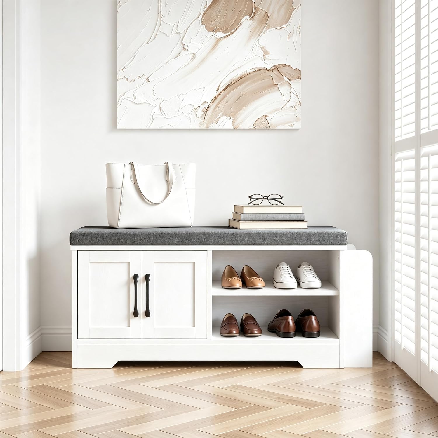39.6" White Cushioned Shoe Bench