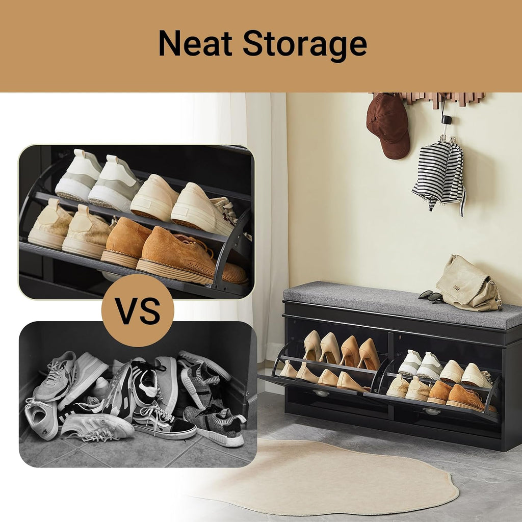 Black Flip Drawer Cushioned Shoe Bench