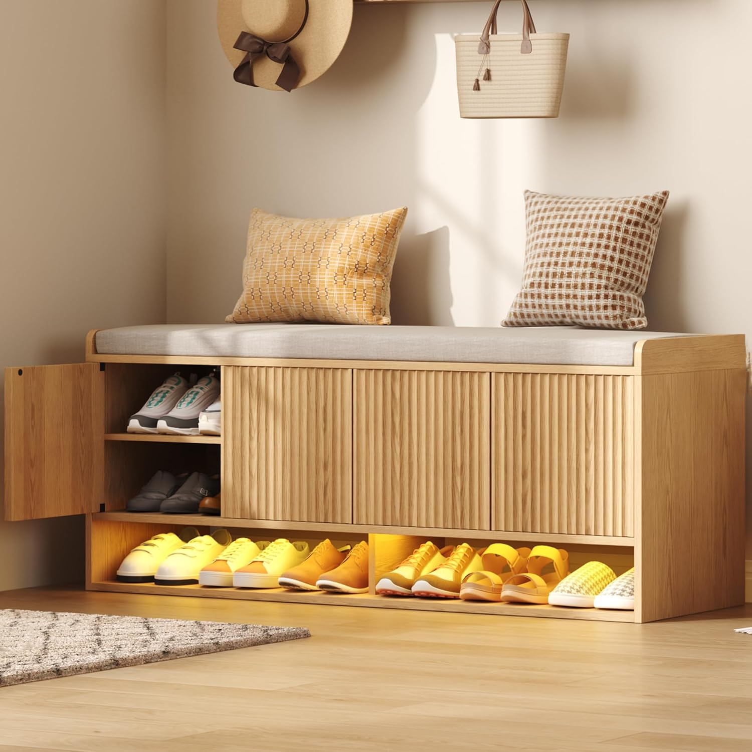 Oak Fluted LED Cushioned Shoe Bench
