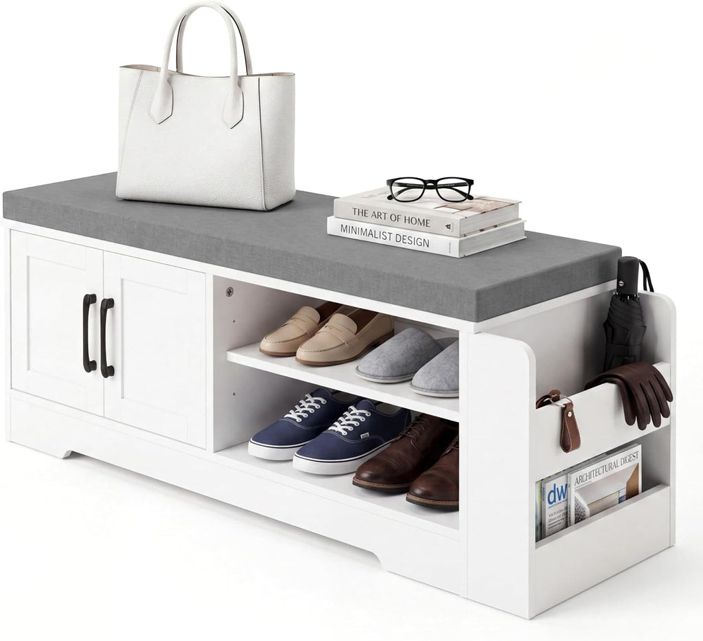 39.6" White Cushioned Shoe Bench