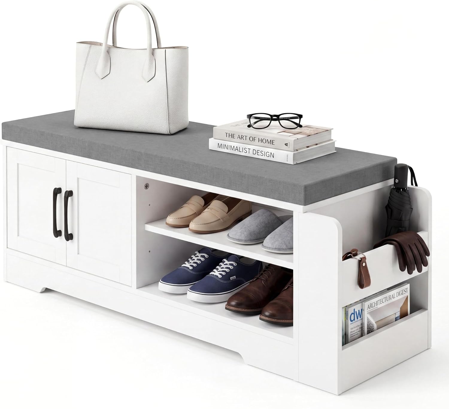 39.6" White Cushioned Shoe Bench