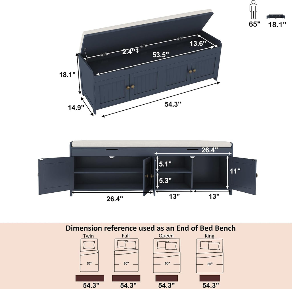 54.4" Blue Lift Cushioned Shoe Bench