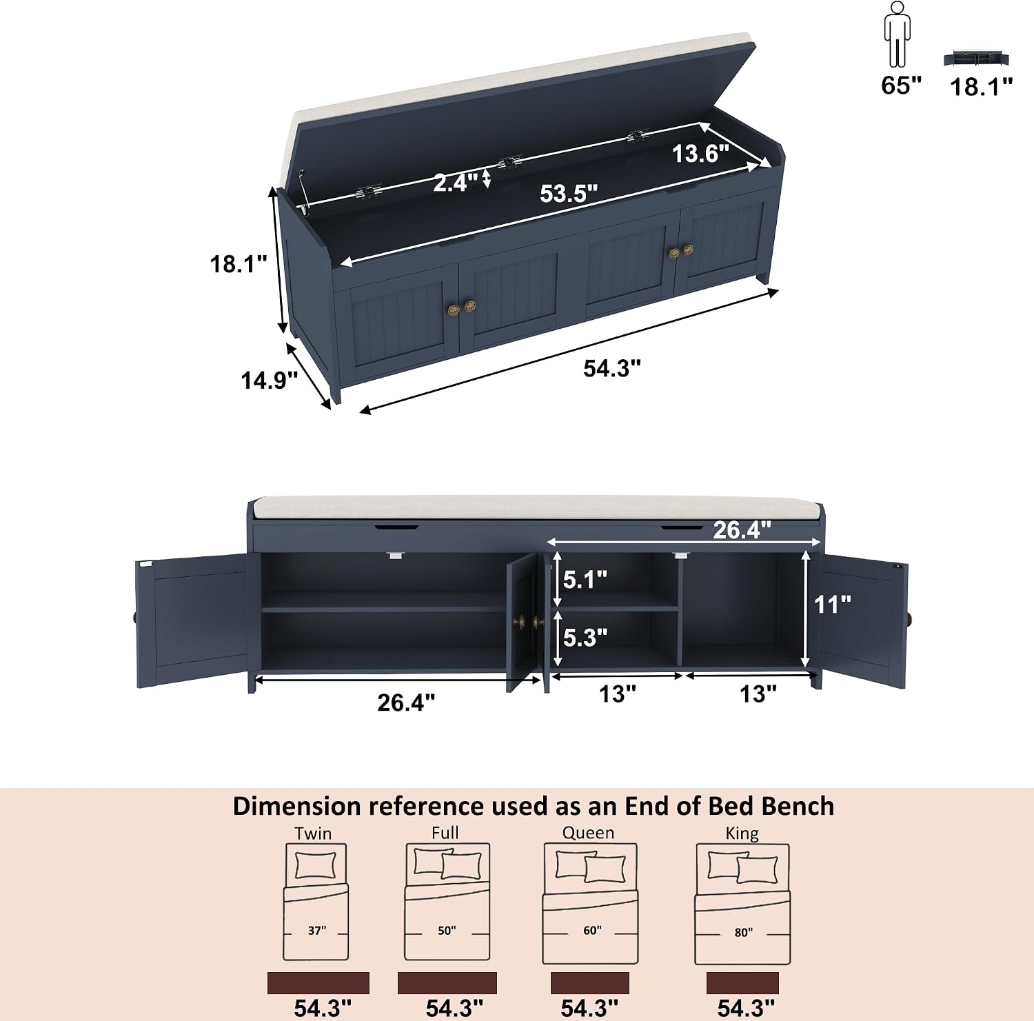 54.4" Blue Lift Cushioned Shoe Bench