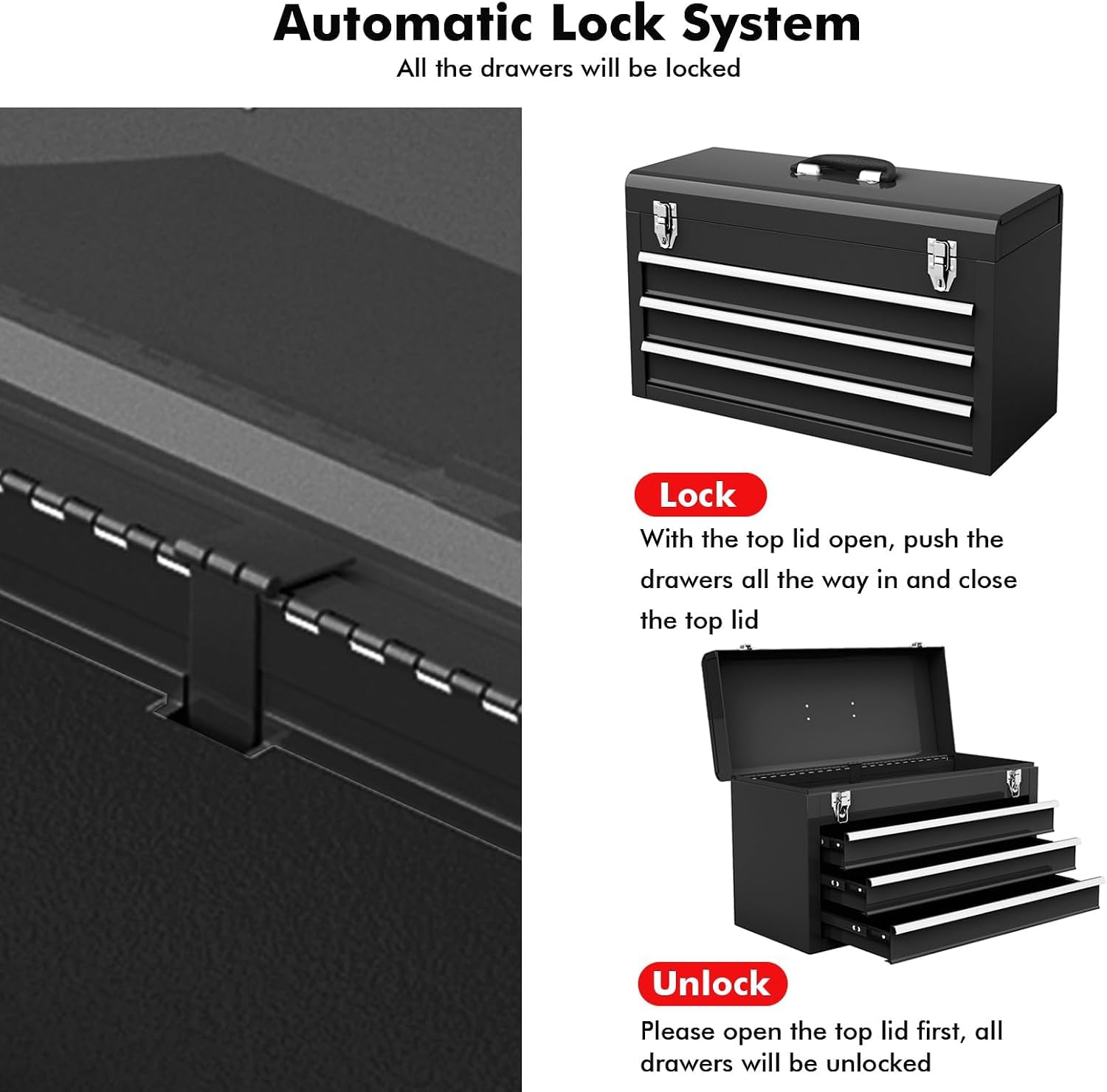 Black 3-Drawer Lockable Tool Box