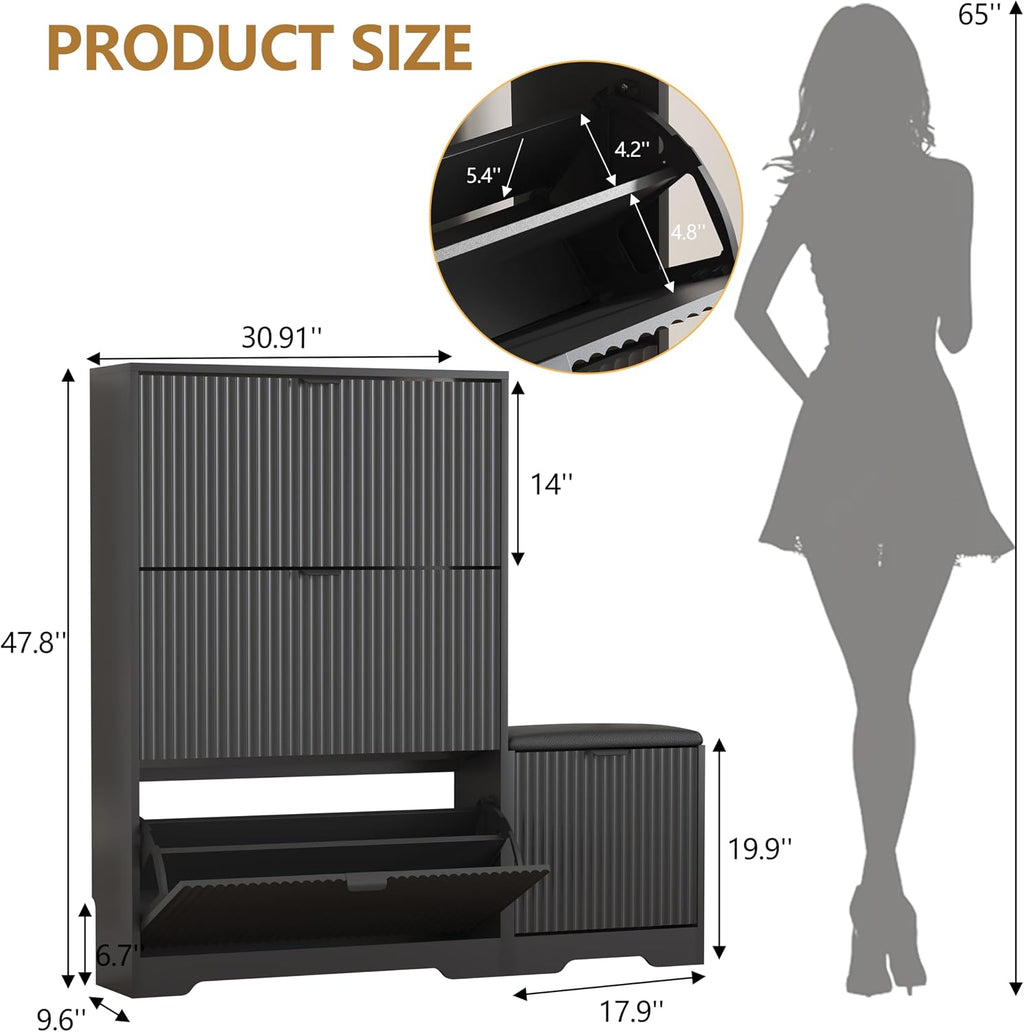 Black Fluted Flip Drawer Shoe Bench