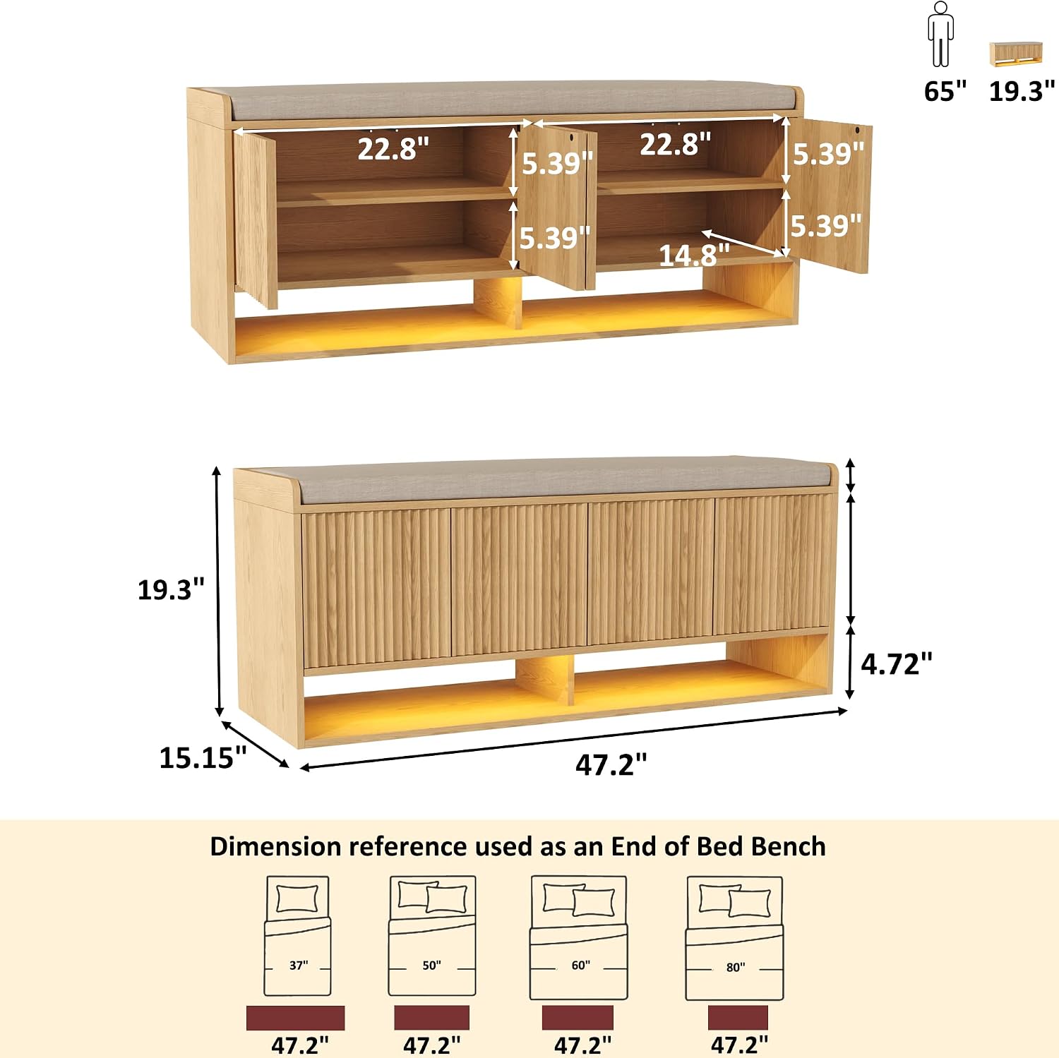 Oak Fluted LED Cushioned Shoe Bench