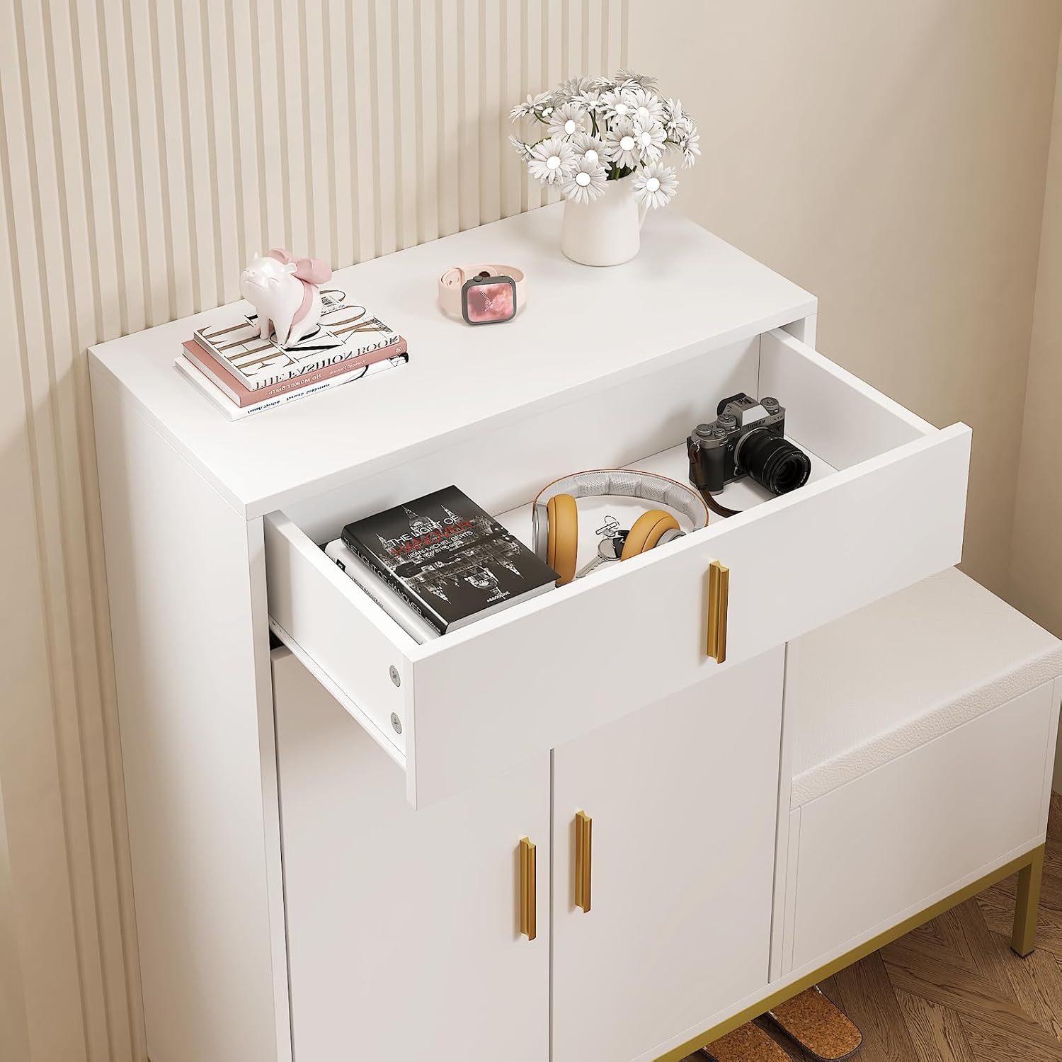 White L-Shaped Drawer Shoe Bench