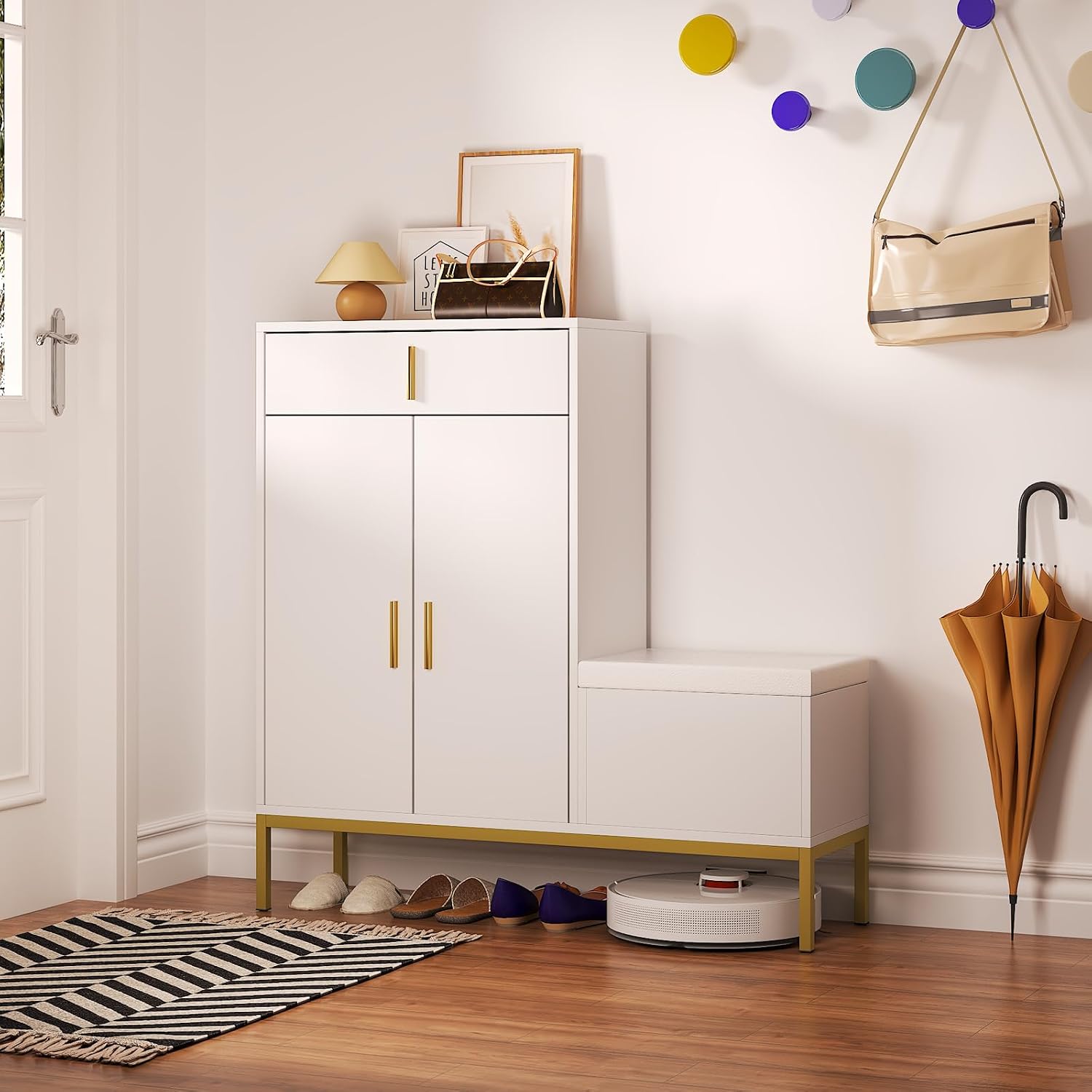White L-Shaped Drawer Shoe Bench