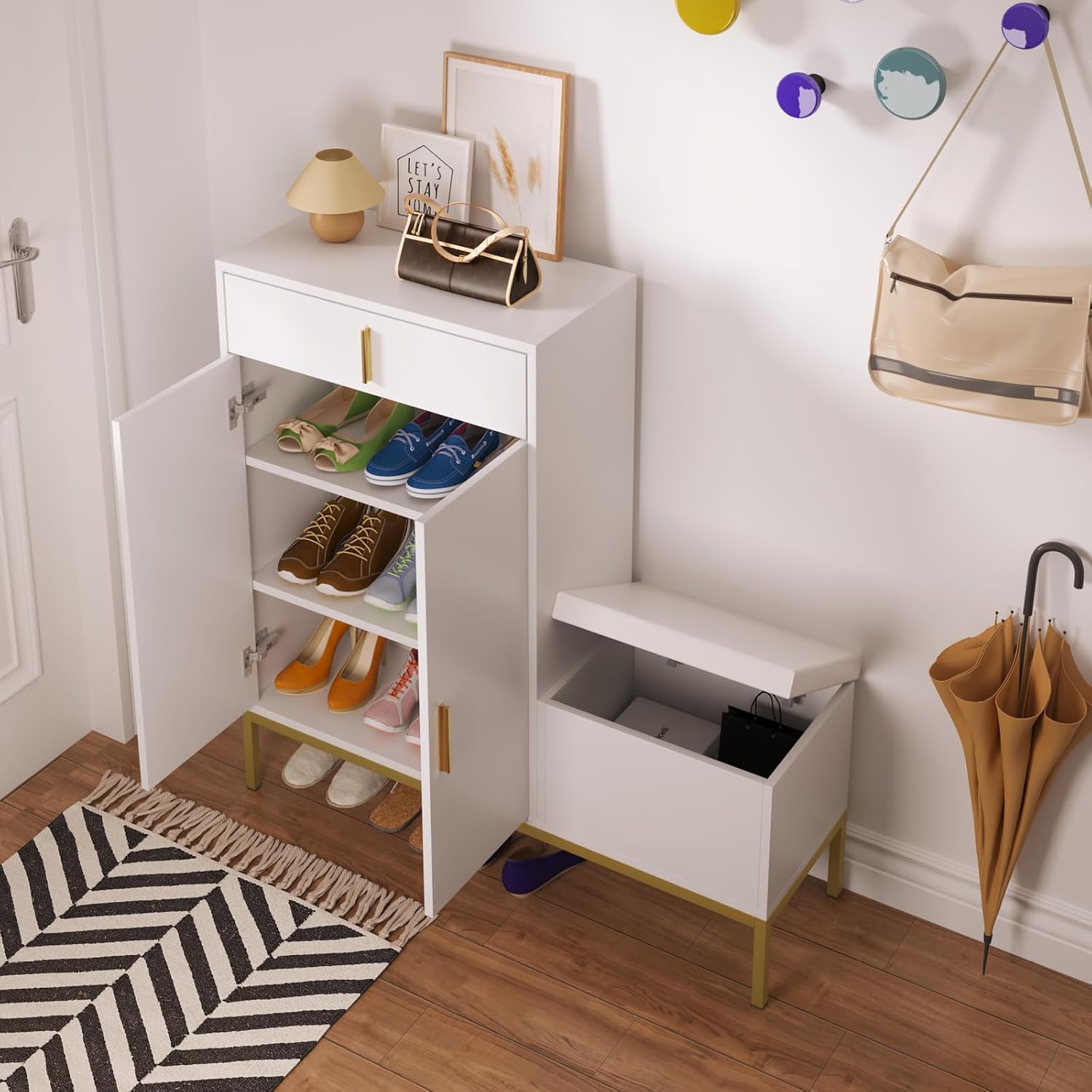 White L-Shaped Drawer Shoe Bench