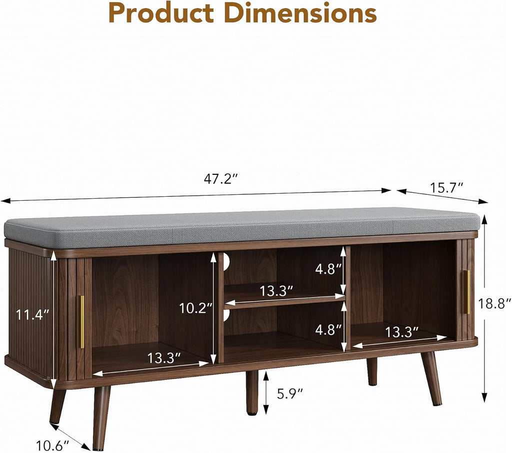 Walnut Sliding Door Cushioned Shoe Bench