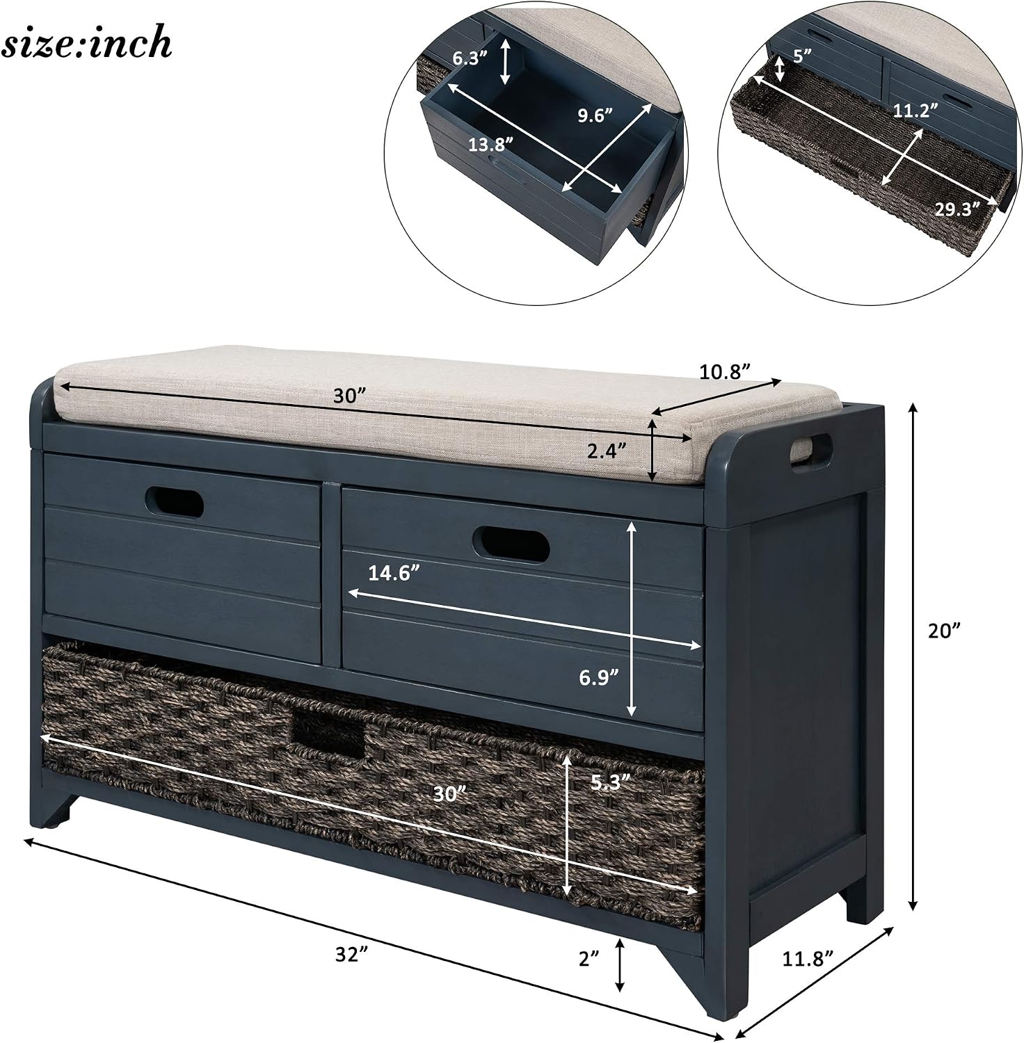 Navy Farmhouse Storage Shoe Bench