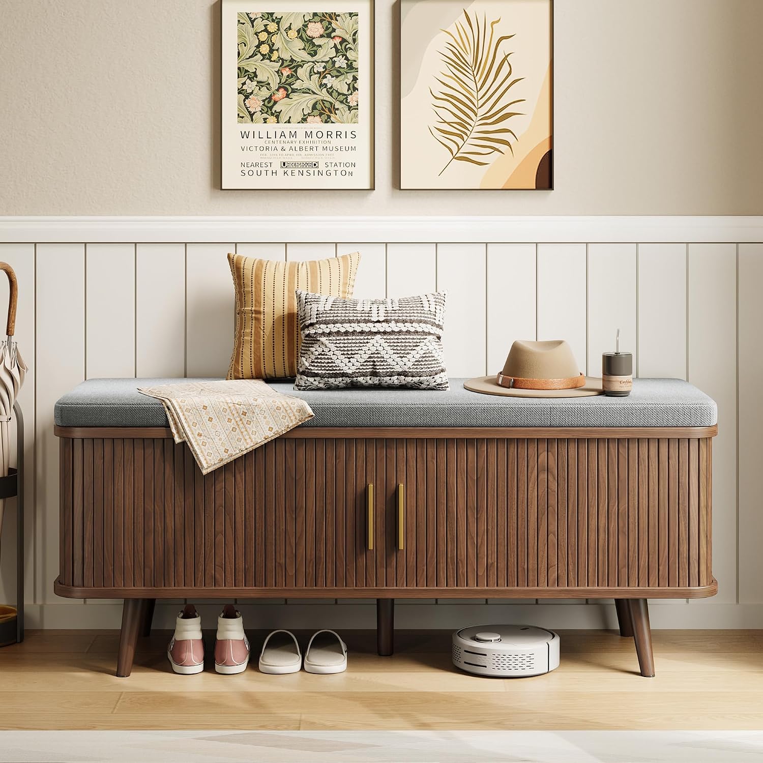 Walnut Sliding Door Cushioned Shoe Bench