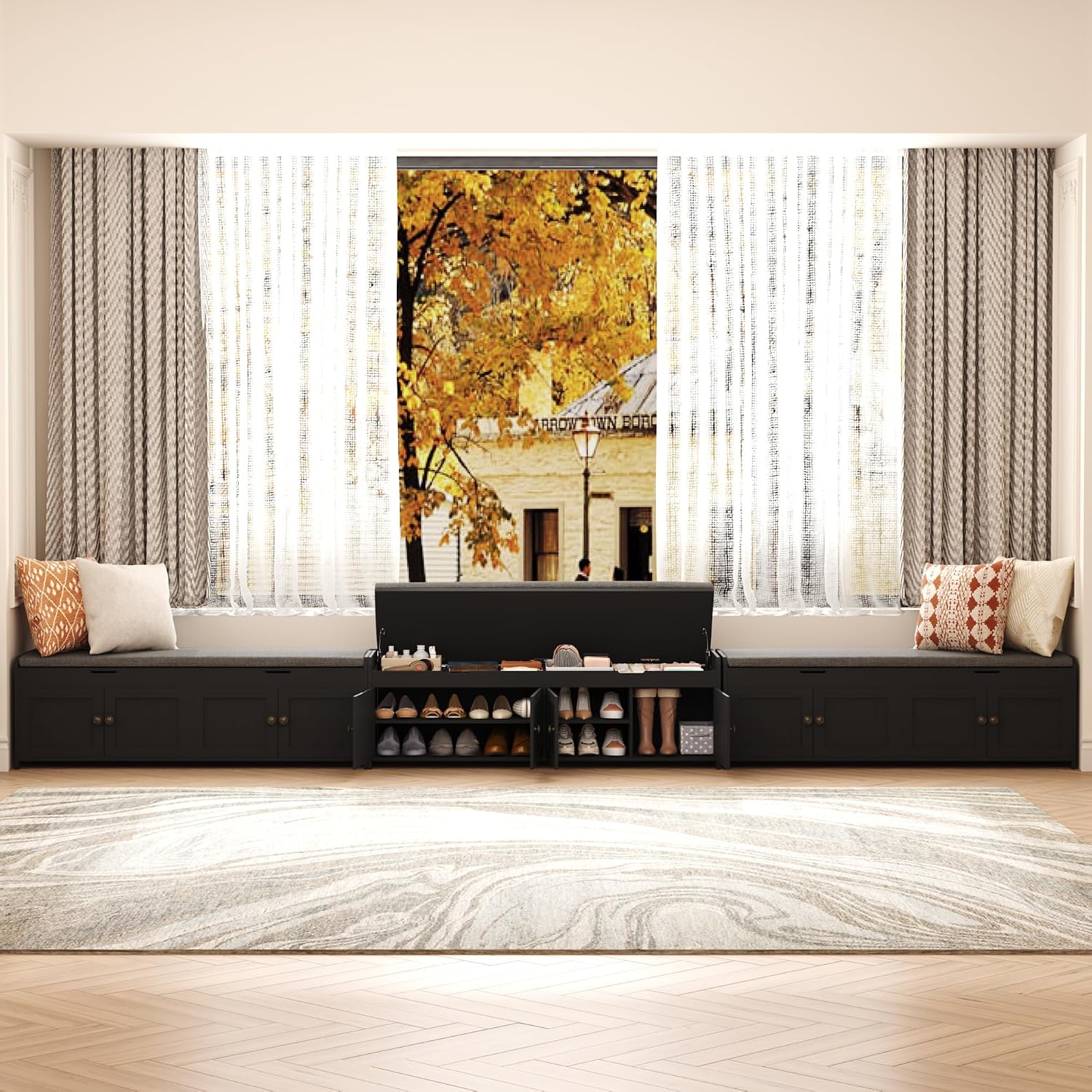 54.4" Black Lift Cushioned Shoe Bench