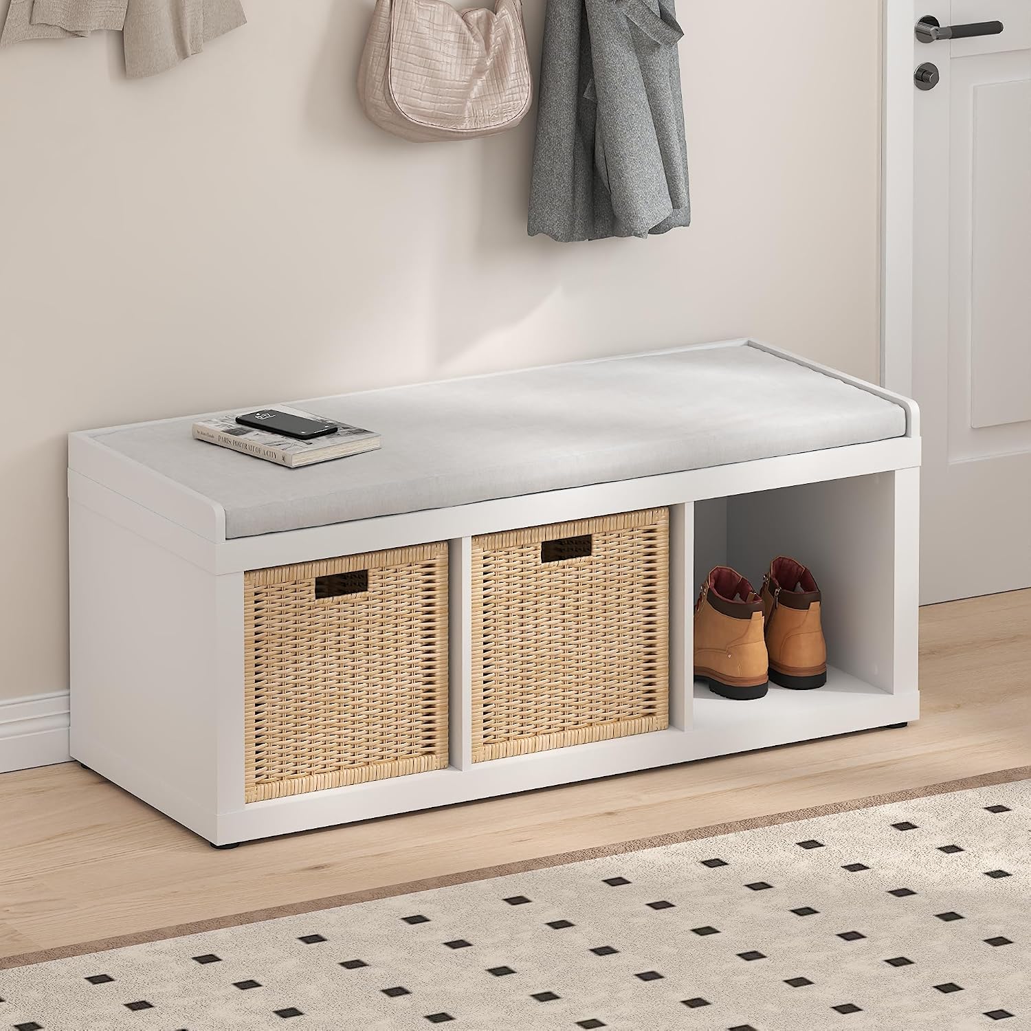 White 3-Cube Padded Shoe Bench