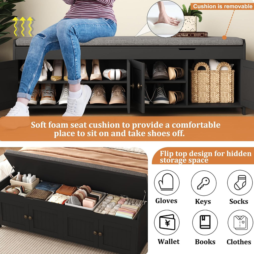 54.4" Black Lift Cushioned Shoe Bench