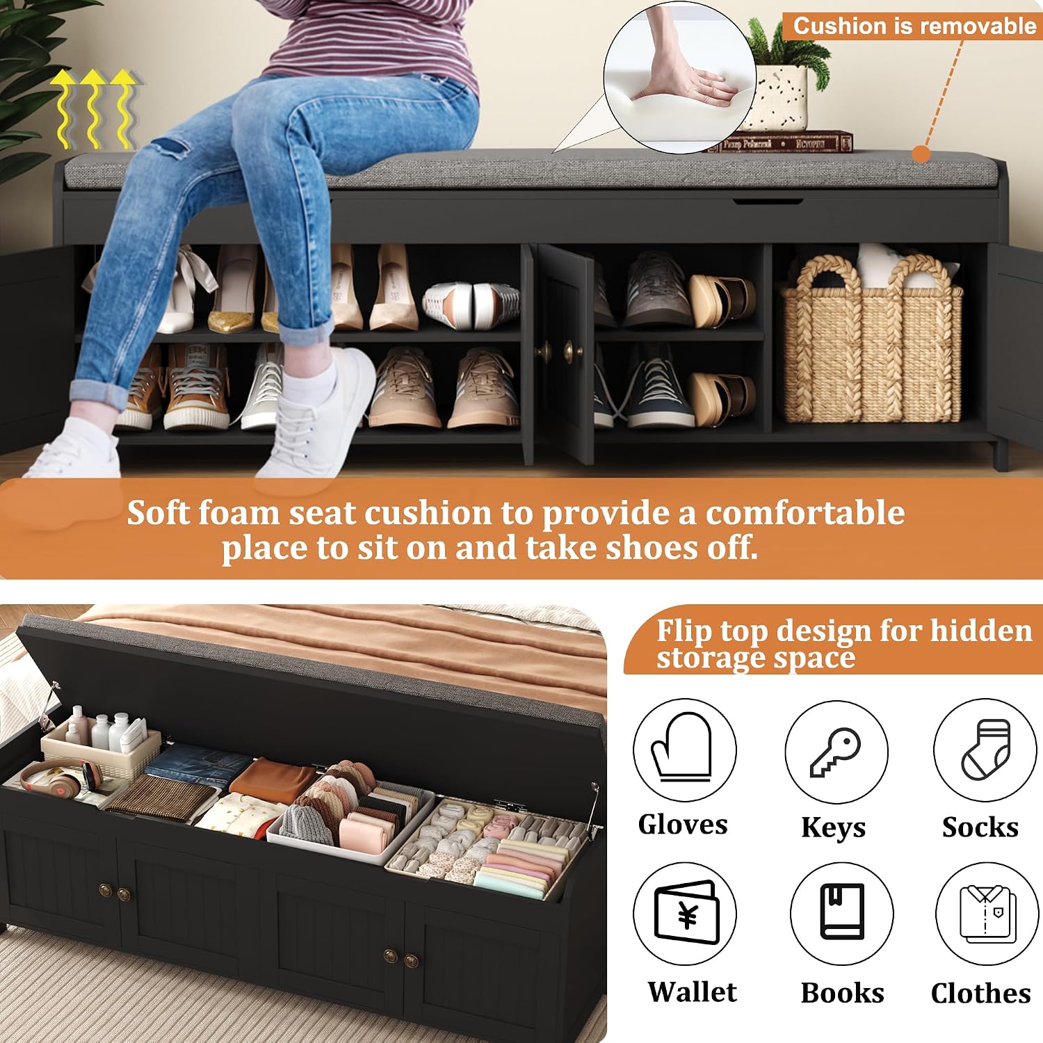 54.4" Black Lift Cushioned Shoe Bench