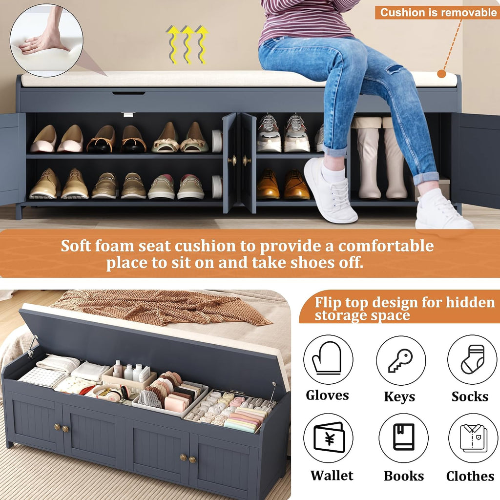 54.4" Blue Lift Cushioned Shoe Bench