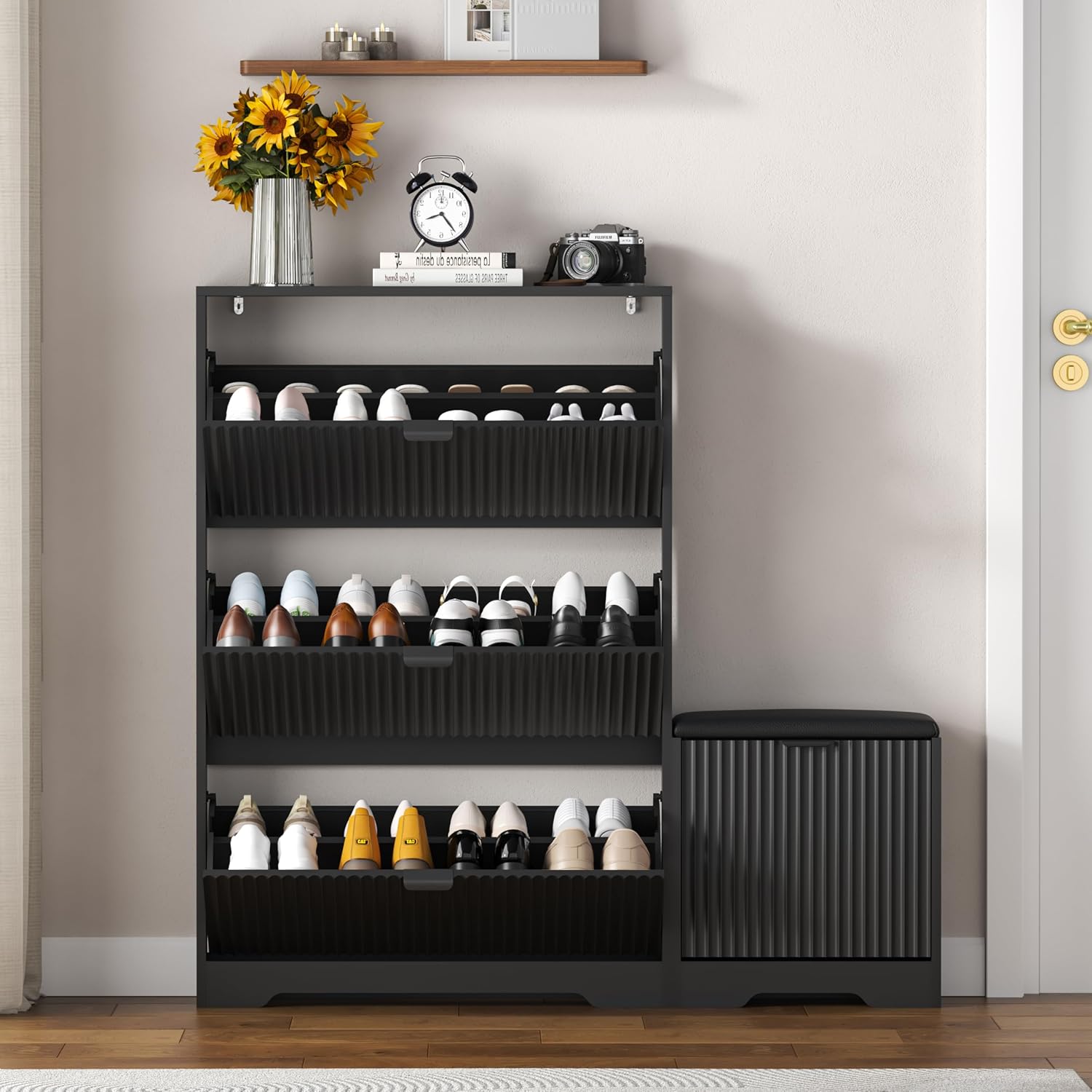 Black Fluted Flip Drawer Shoe Bench