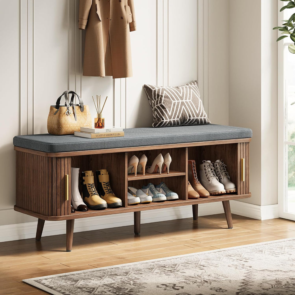 Walnut Sliding Door Cushioned Shoe Bench