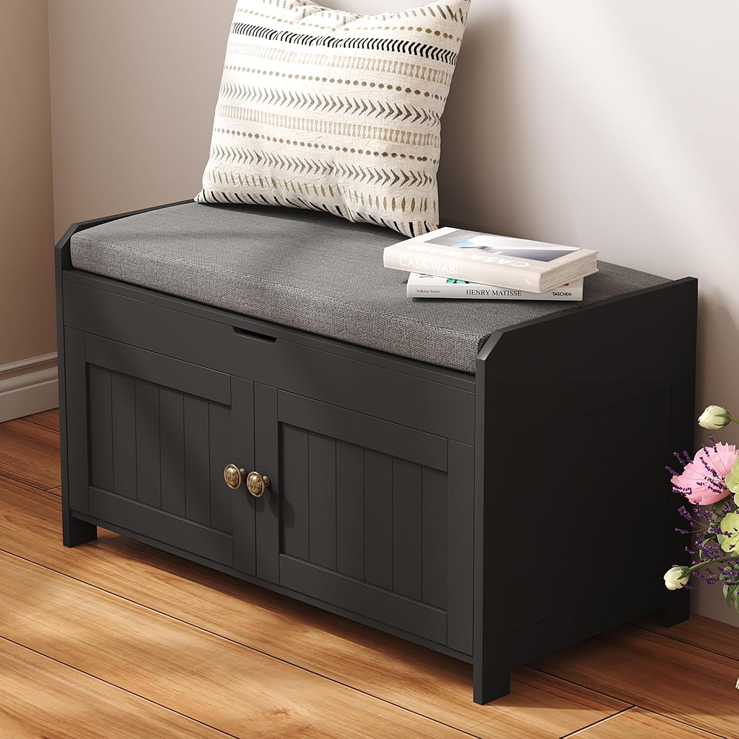 Black Lift Top Cushioned Shoe Bench
