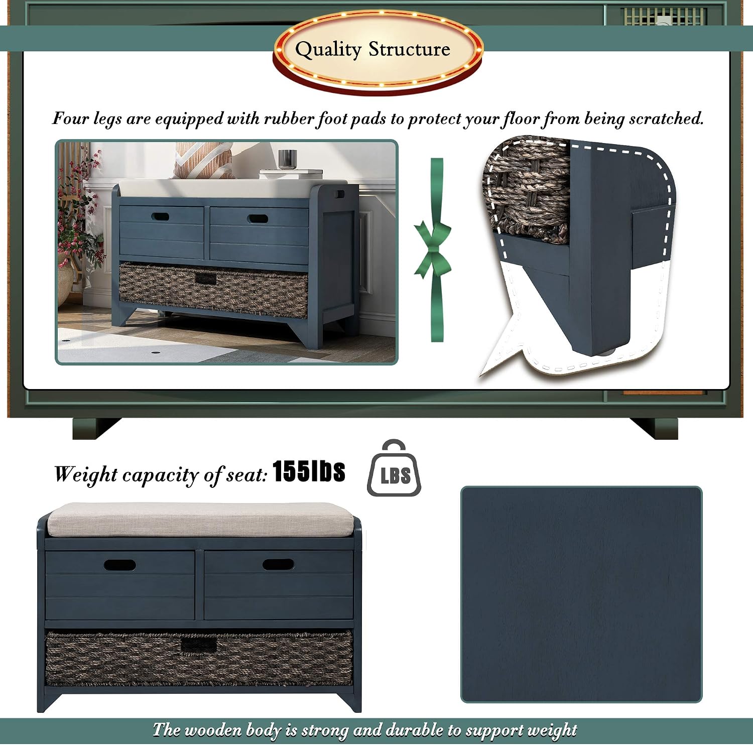Navy Farmhouse Storage Shoe Bench