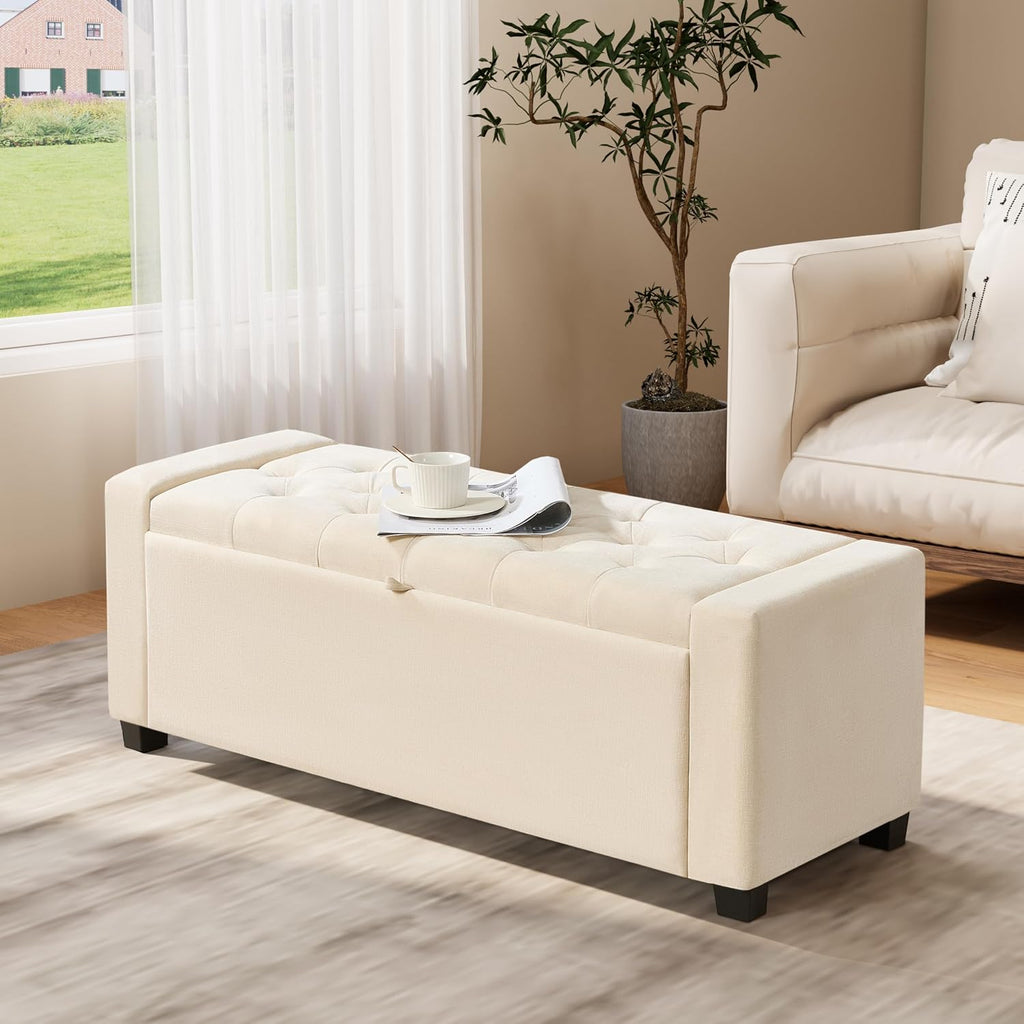 Beige Linen Tufted Storage Ottoman