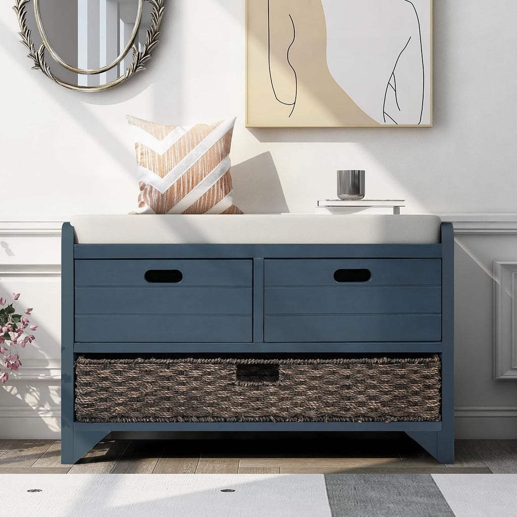 Navy Farmhouse Storage Shoe Bench