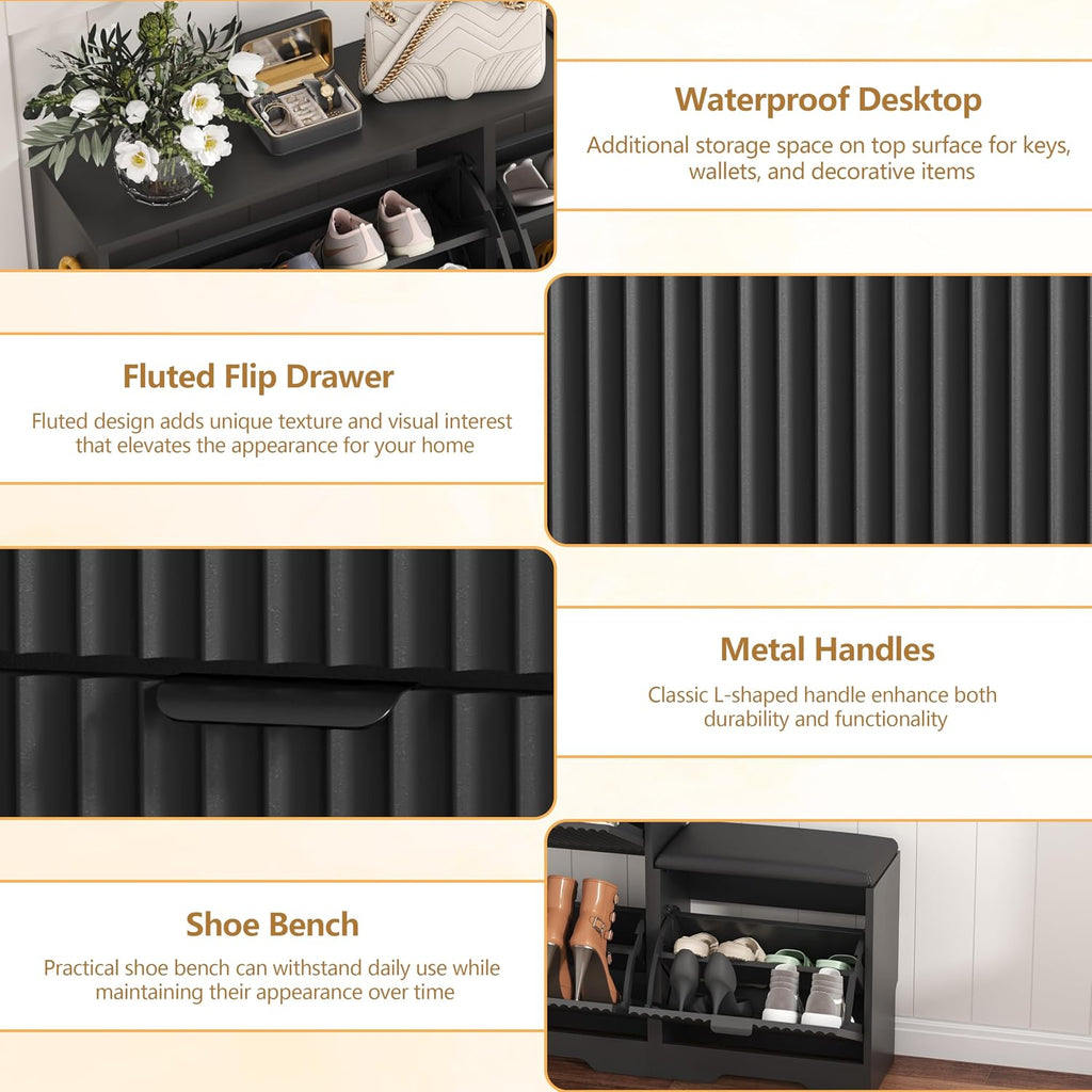Black Fluted Flip Drawer Shoe Bench