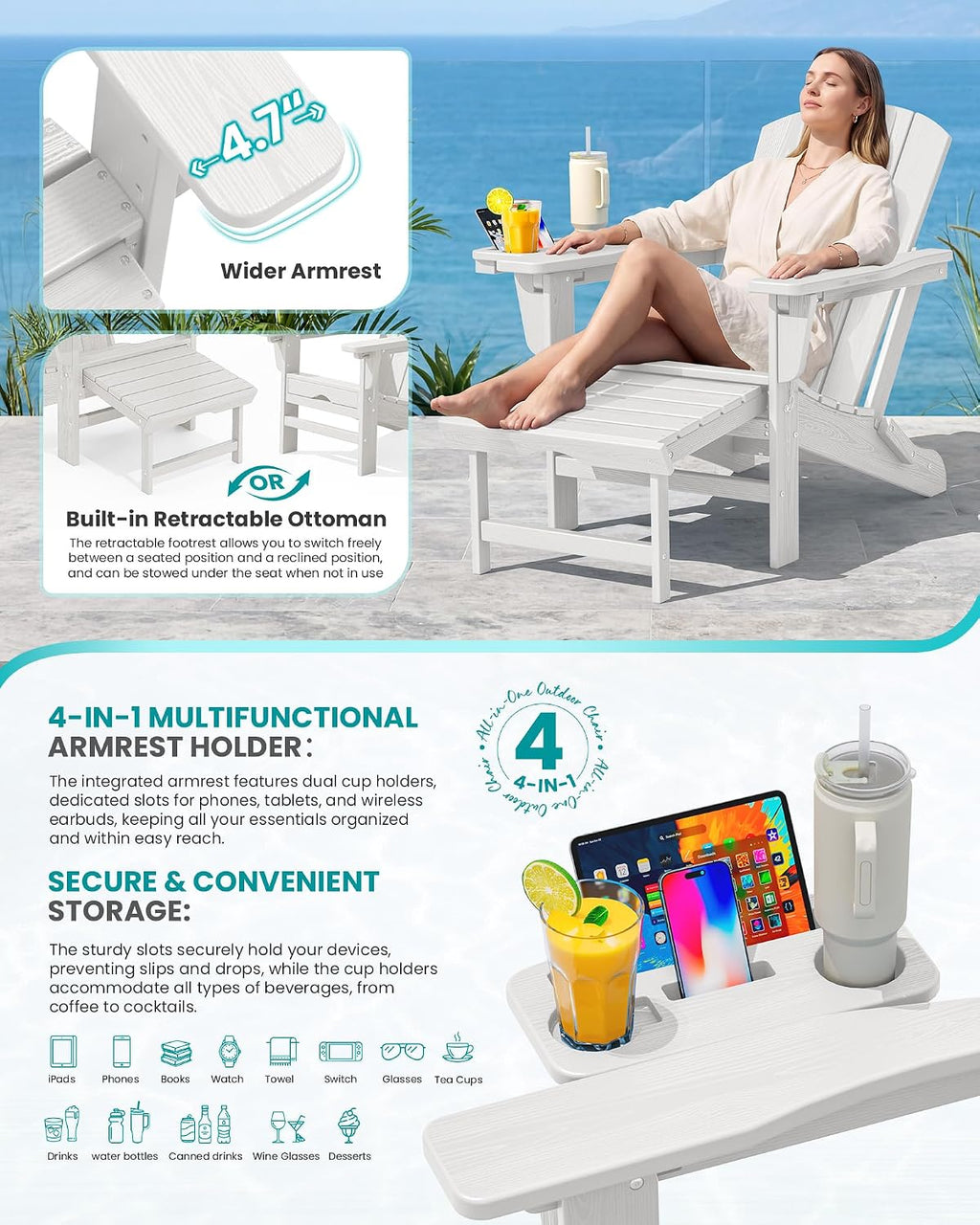 White 2-Pack Adirondack Chairs with Ottoman