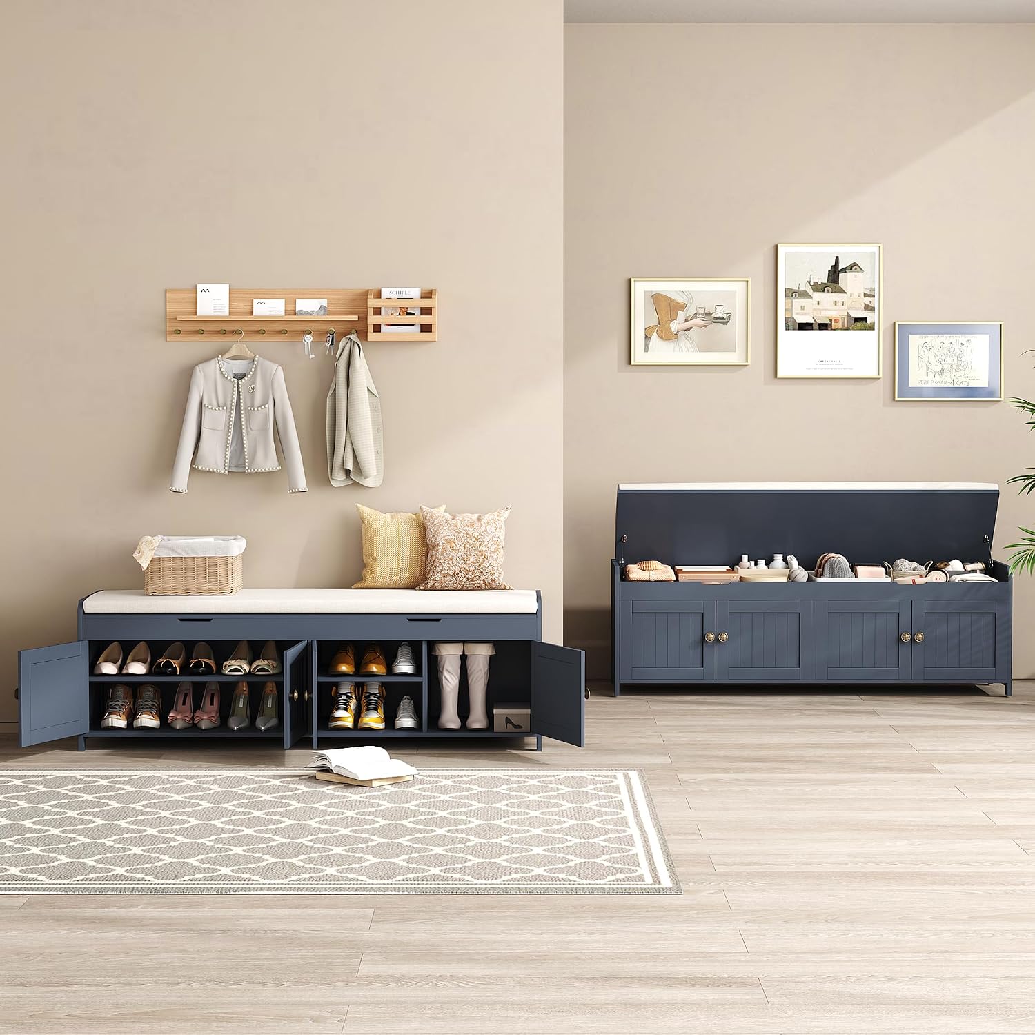54.4" Blue Lift Cushioned Shoe Bench