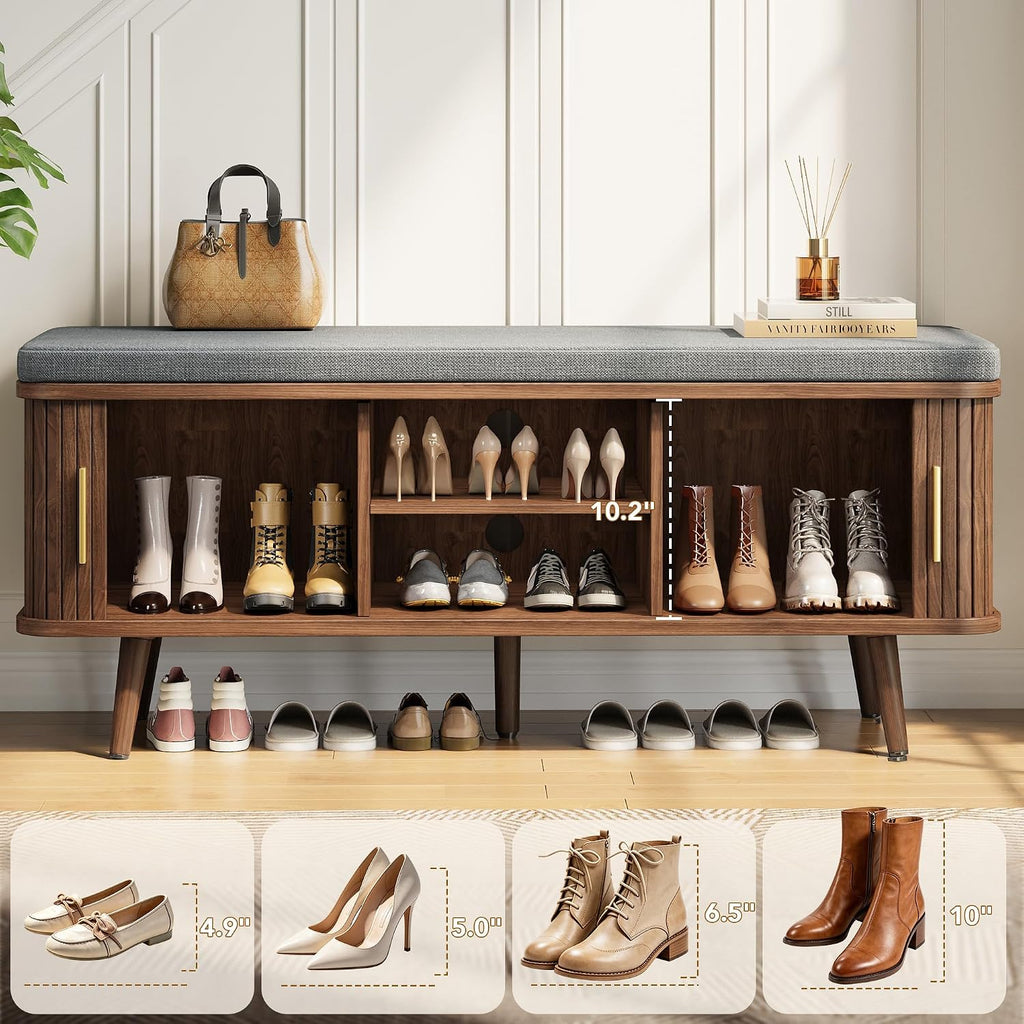 Walnut Sliding Door Cushioned Shoe Bench