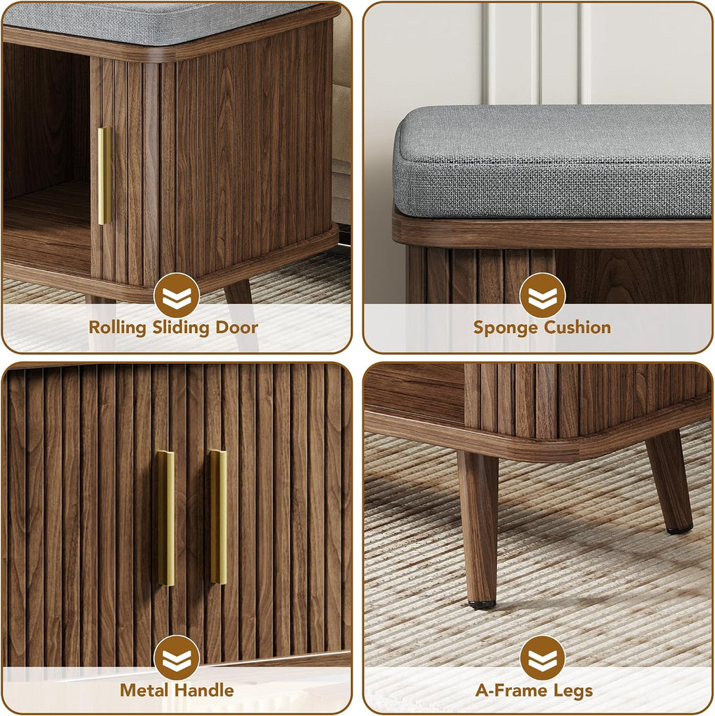 Walnut Sliding Door Cushioned Shoe Bench
