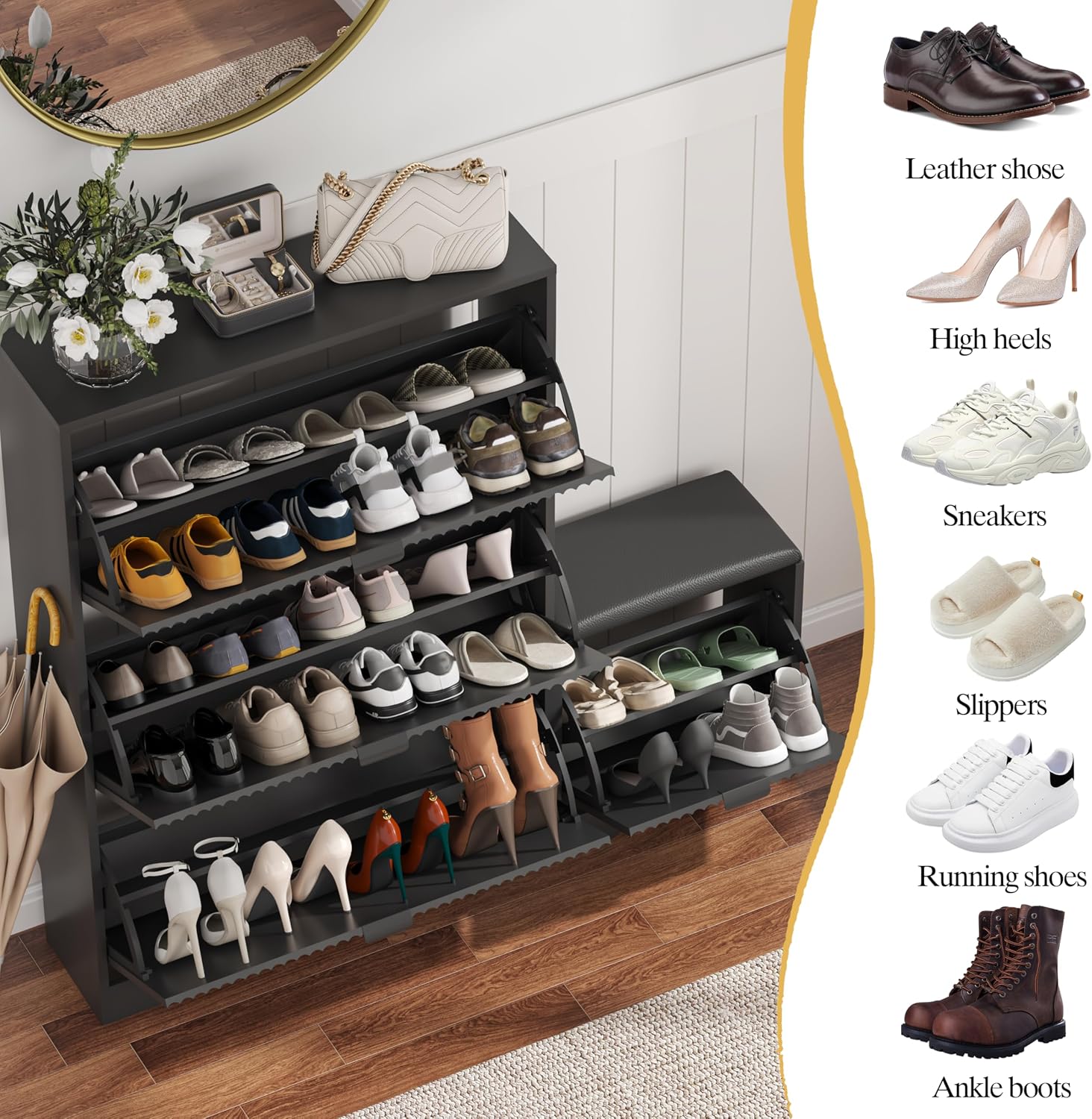 Black Fluted Flip Drawer Shoe Bench